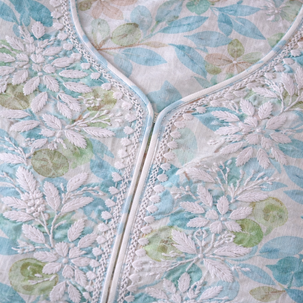 Aqua Blue Floral Chikankari Kurta Set – Rayon