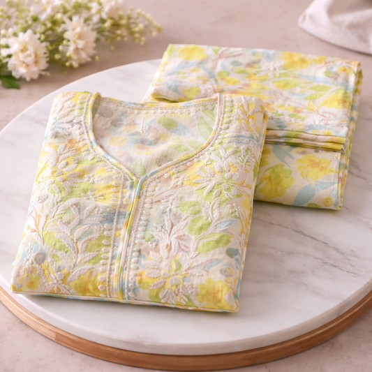 Pastel Yellow Floral Chikankari Kurta Set – Rayon