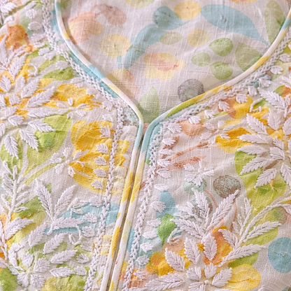 Pastel Yellow Floral Chikankari Kurta Set – Rayon