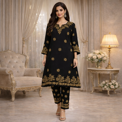 Black Chikankari Kurti Pant Set with Golden Embroidery – Rayon