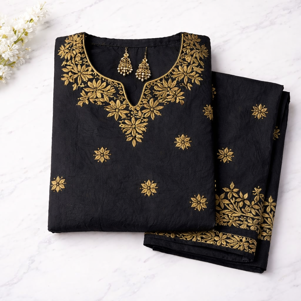 Black Chikankari Kurti Pant Set with Golden Embroidery – Rayon