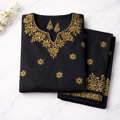 Black Chikankari Kurti Pant Set with Golden Embroidery – Rayon
