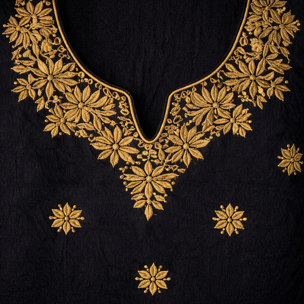 Black Chikankari Kurti Pant Set with Golden Embroidery – Rayon