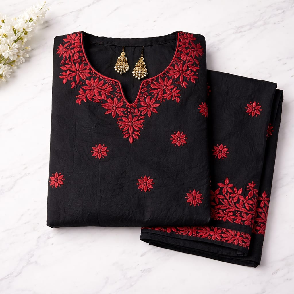 Black Chikankari Kurti Pant Set with Red Embroidery – Rayon