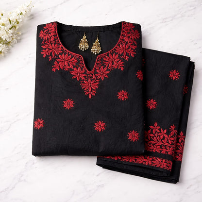 Black Chikankari Kurti Pant Set with Red Embroidery – Rayon