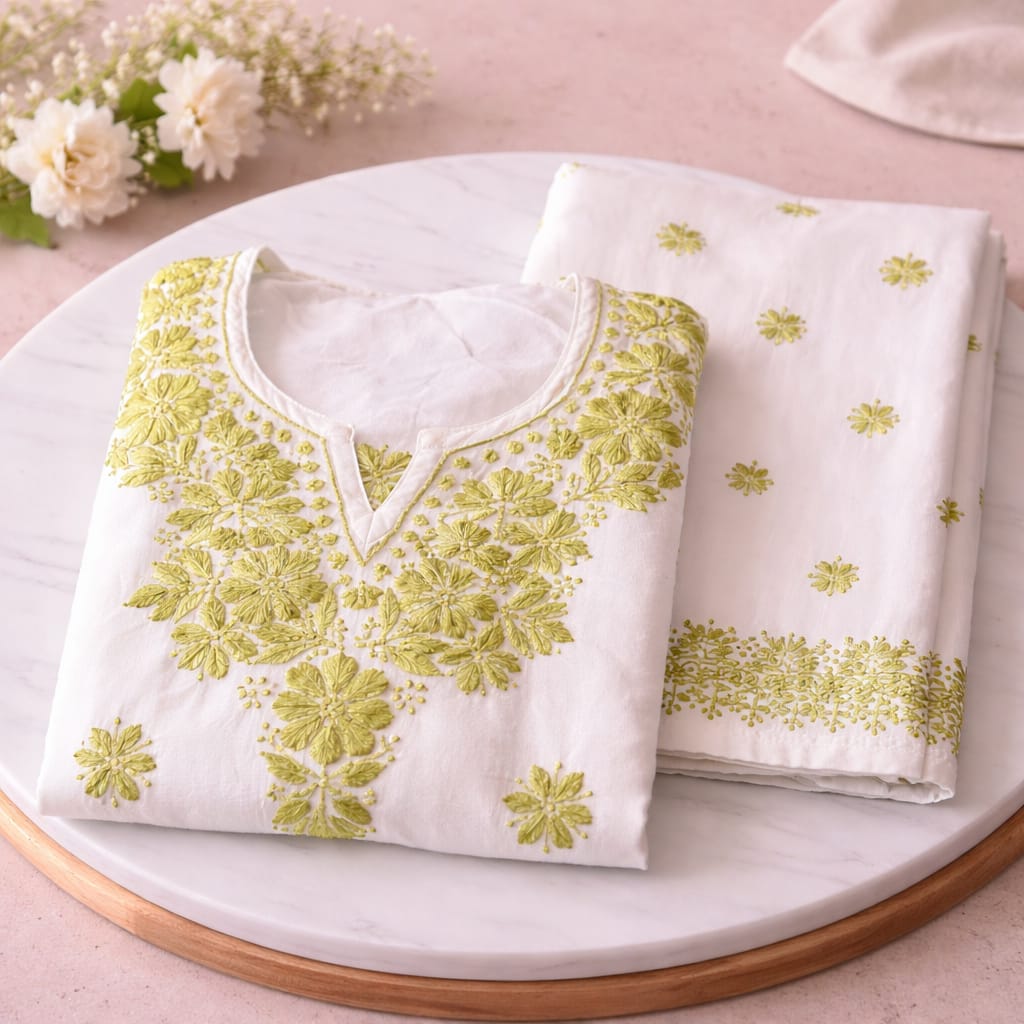 White Chikankari Kurti Pant Set – Rayon