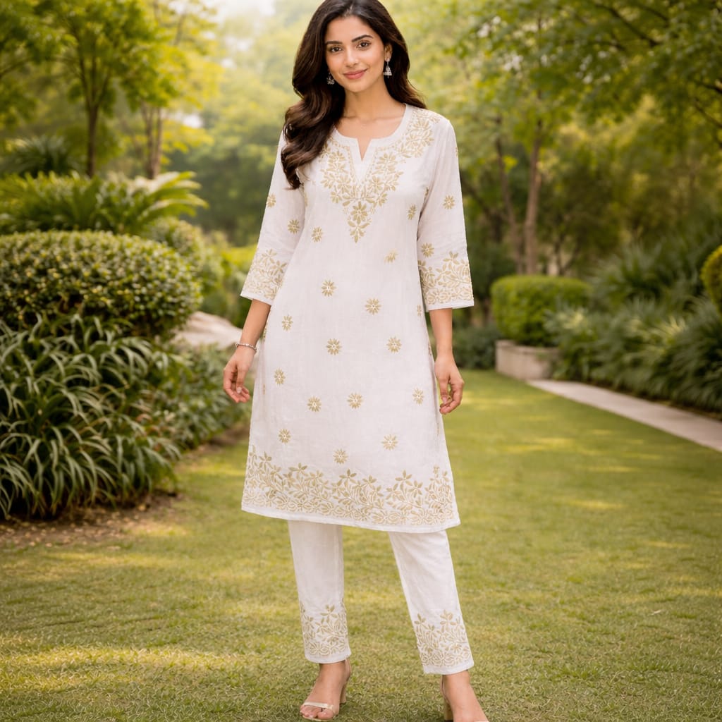 White Chikankari Kurti Pant Set – Rayon