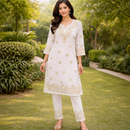 White Chikankari Kurti Pant Set – Rayon