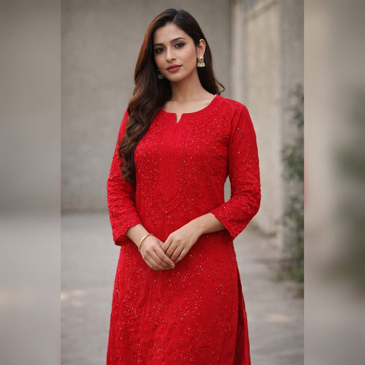 Red Chikankari Kurti with Mukaish Work – Viscose