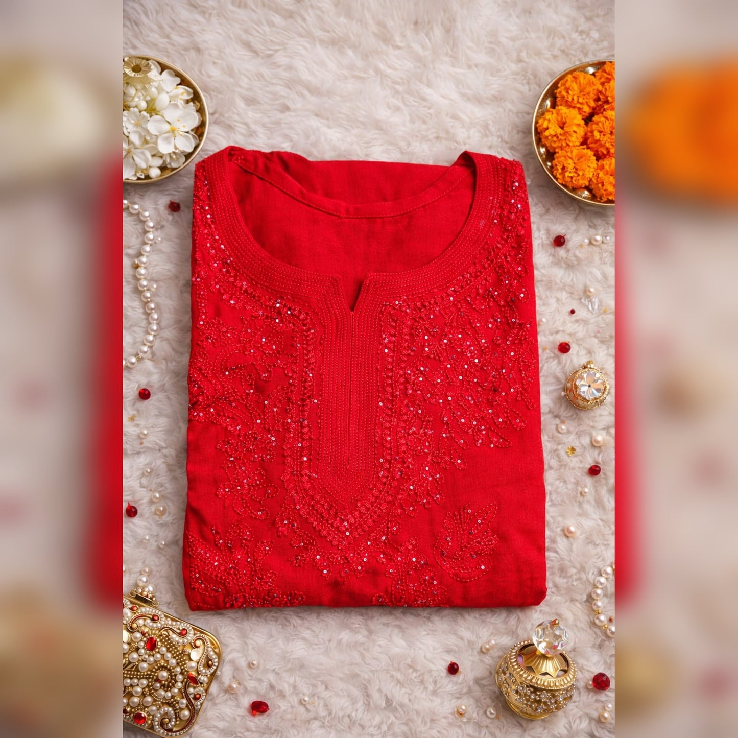 Red Chikankari Kurti with Mukaish Work – Viscose