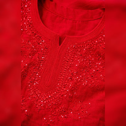 Red Chikankari Kurti with Mukaish Work – Viscose