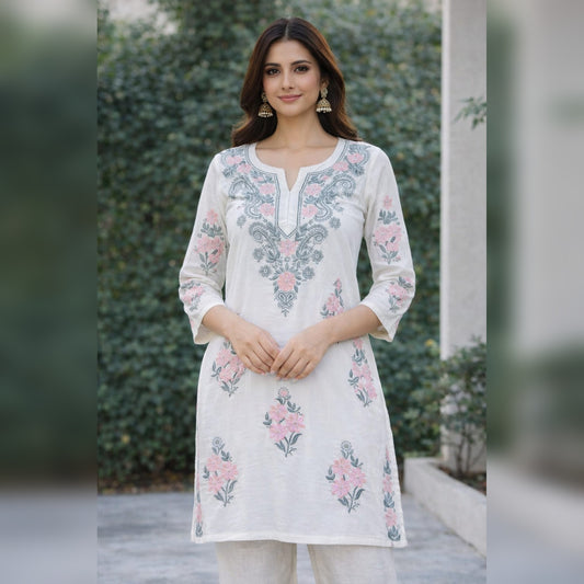White Chikankari Kurti with Pastel Floral Embroidery – Mul Cotton