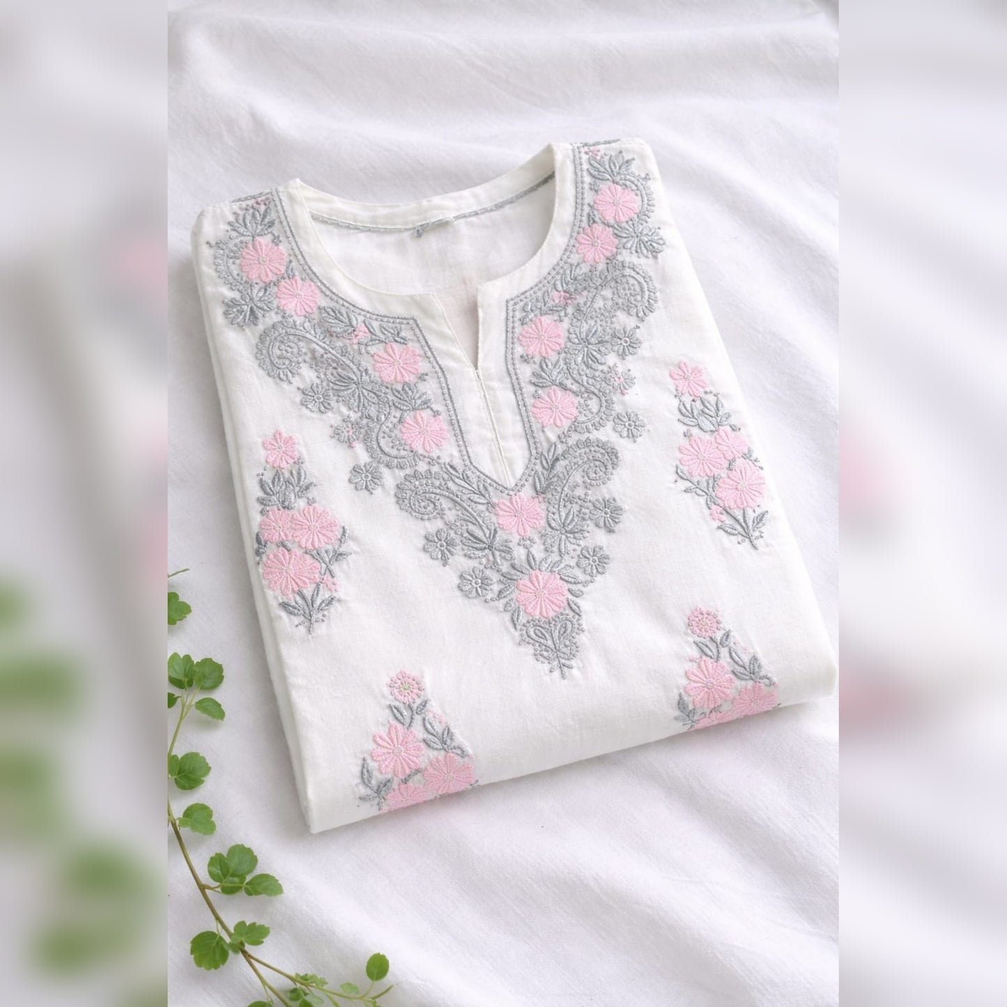 White Chikankari Kurti with Pastel Floral Embroidery – Mul Cotton
