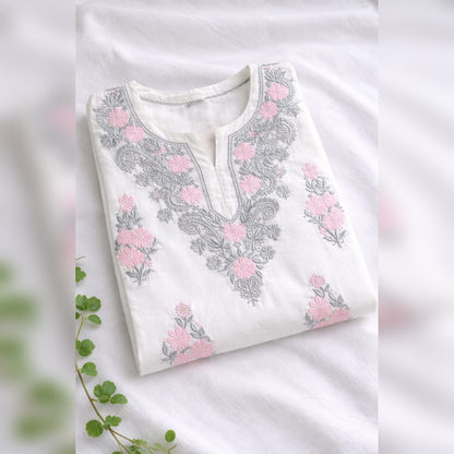 White Chikankari Kurti with Pastel Floral Embroidery – Mul Cotton