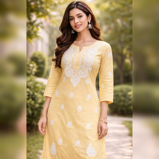 Pastel Yellow Chikankari Kurti – Rayon