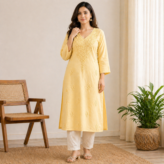 Yellow Chikankari Kurti – Mul Cotton