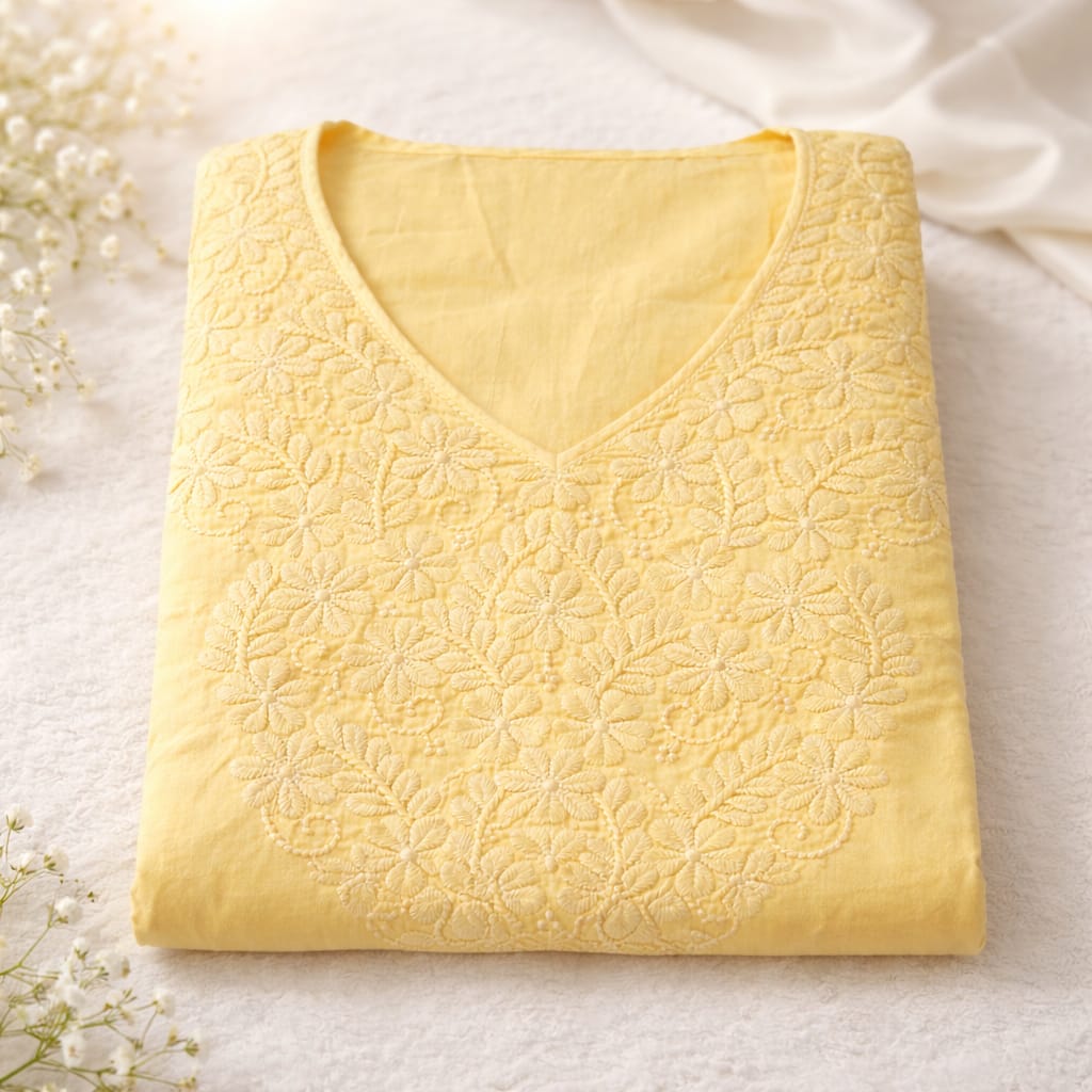 Yellow Chikankari Kurti – Mul Cotton