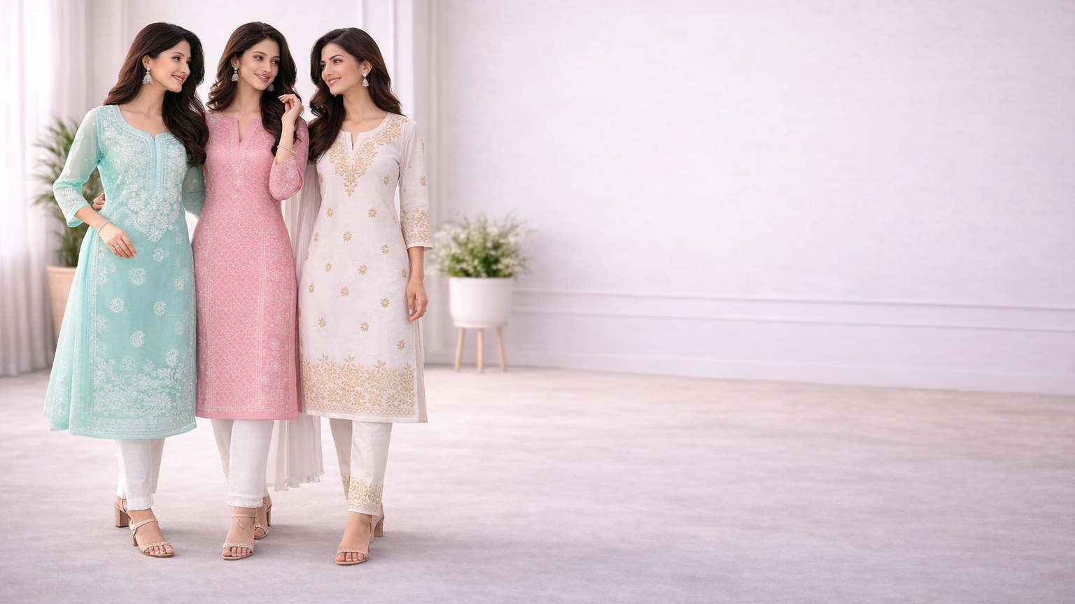 Three women wearing pastel-colored traditional outfits in a minimalistic room.