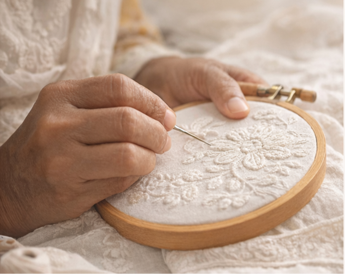 Person embroiderying a floral pattern on fabric with a wooden hoop.