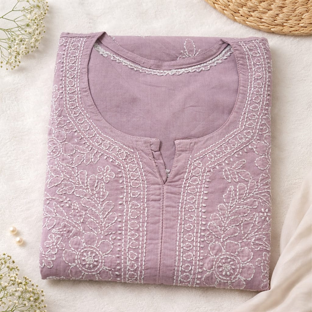 Dusty Lavender Chikankari Short Kurti - Cotton