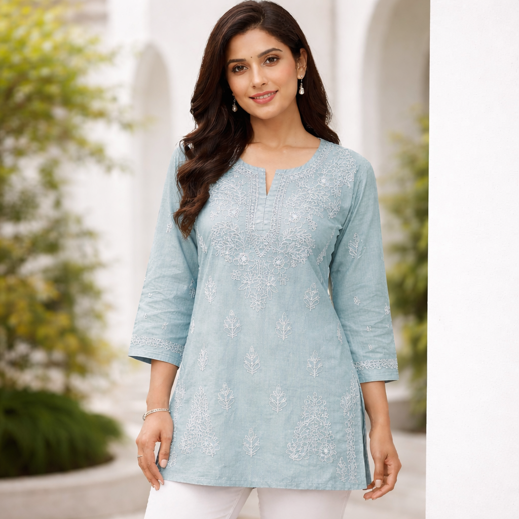 Pastel Mint Chikankari Short Kurti - Cotton