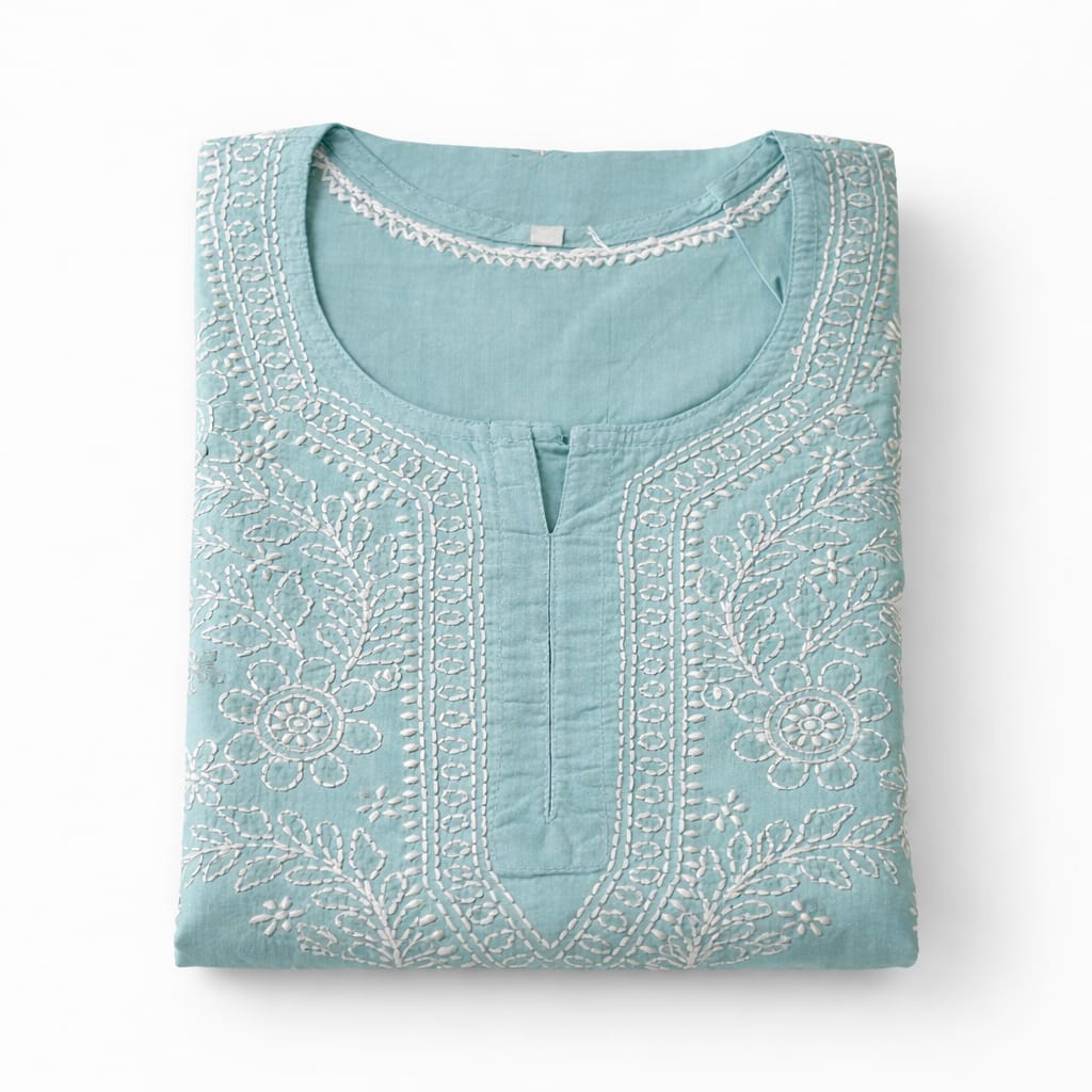Pastel Mint Chikankari Short Kurti - Cotton