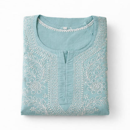 Pastel Mint Chikankari Short Kurti - Cotton