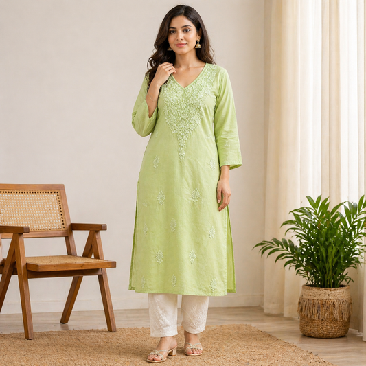 Pista Green Chikankari Kurti – Mul Cotton