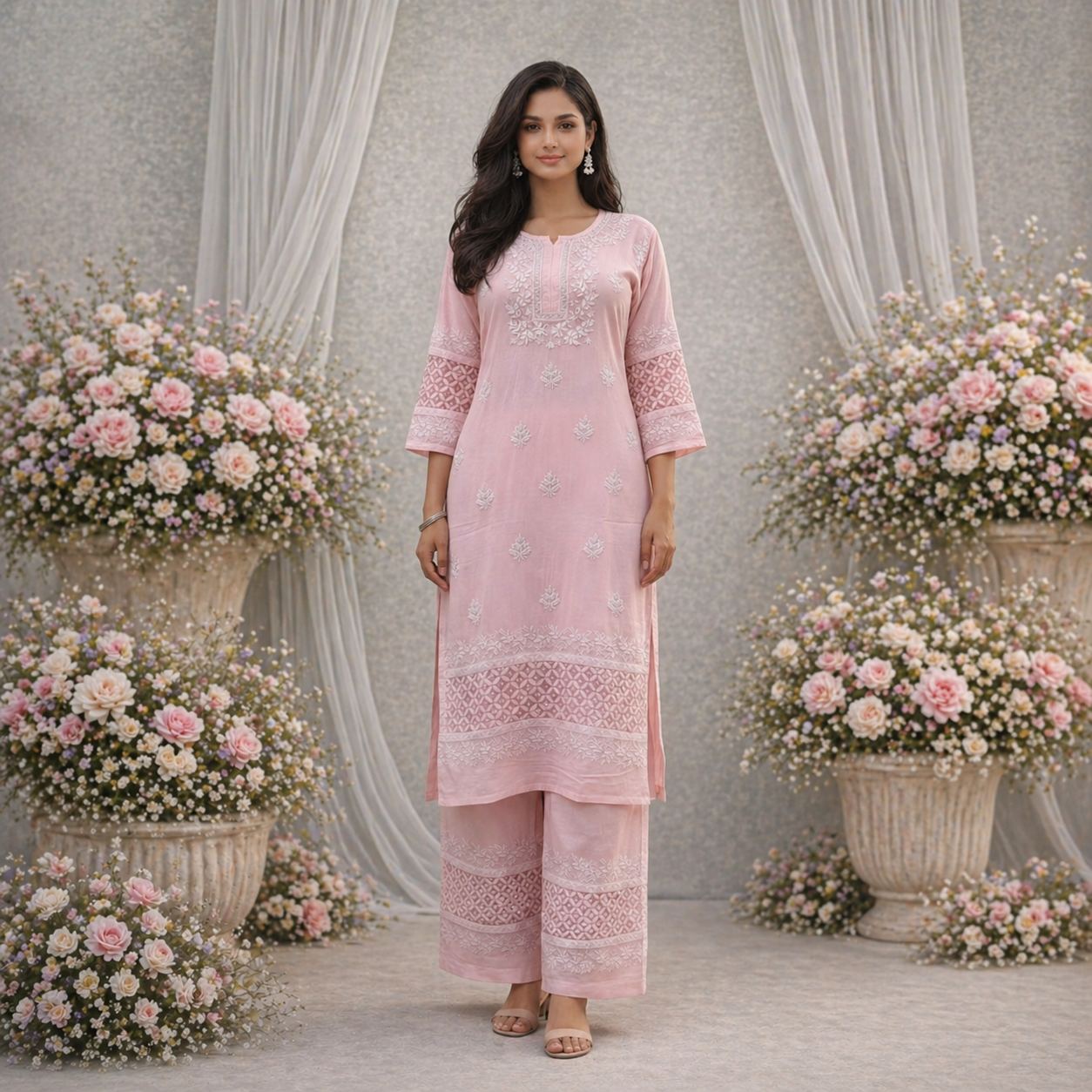 Blush Pink Chikankari Kurti Set with Palazzo – Cotton
