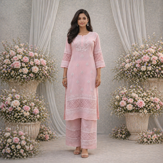 Blush Pink Chikankari Kurti Set with Palazzo – Cotton