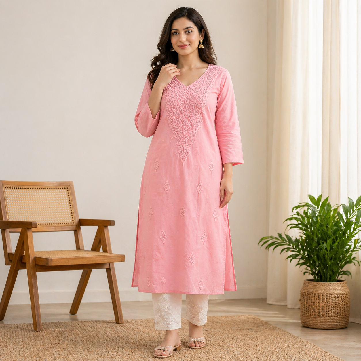Soft Peach Pink Chikankari Kurti – Mul Cotton