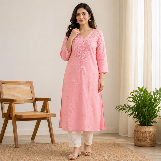 Soft Peach Pink Chikankari Kurti – Mul Cotton