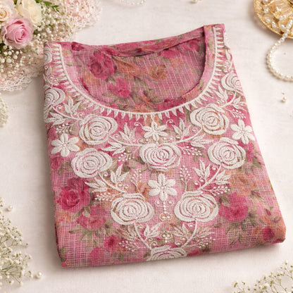 Pink Printed Chikankari Kurti – Kota Fabric