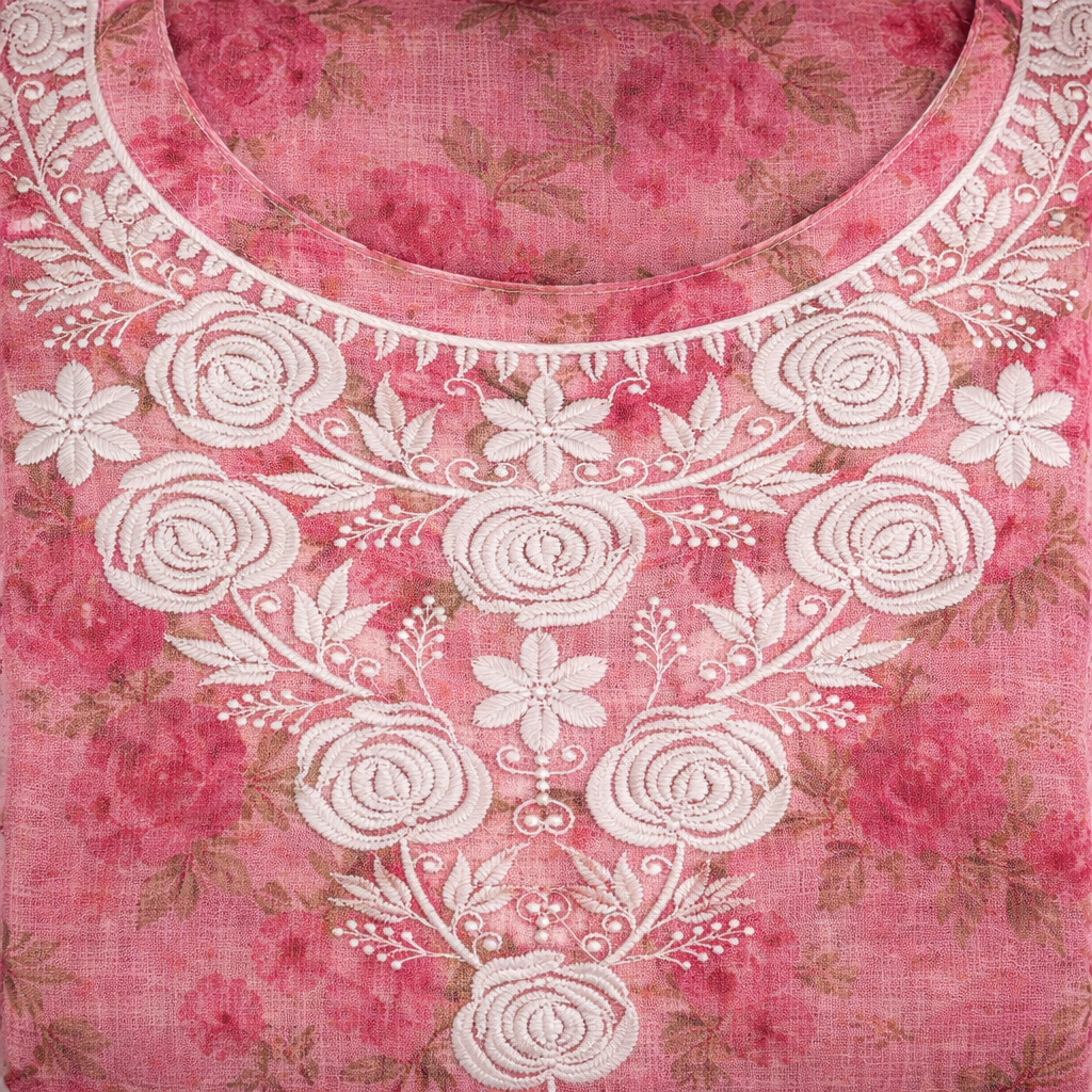 Pink Printed Chikankari Kurti – Kota Fabric