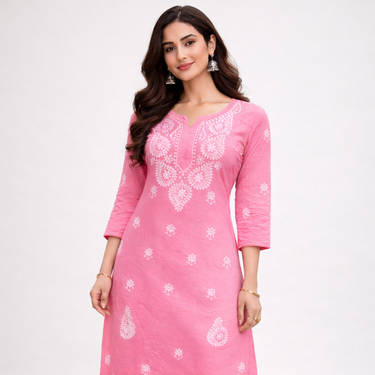 Pink Chikankari Kurti – Rayon