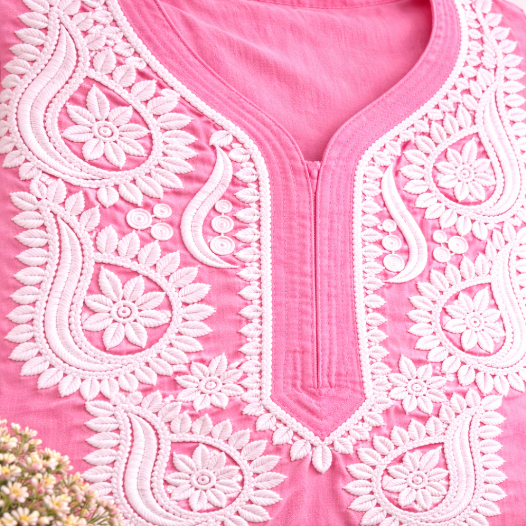Pink Chikankari Kurti – Rayon