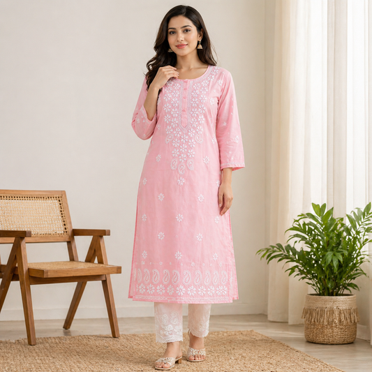 Pastel Pink Chikankari Embroidered Kurti – Cotton
