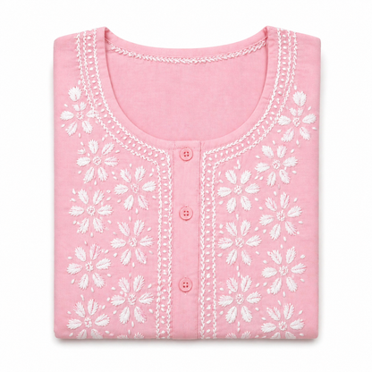 Pastel Pink Chikankari Embroidered Kurti – Cotton