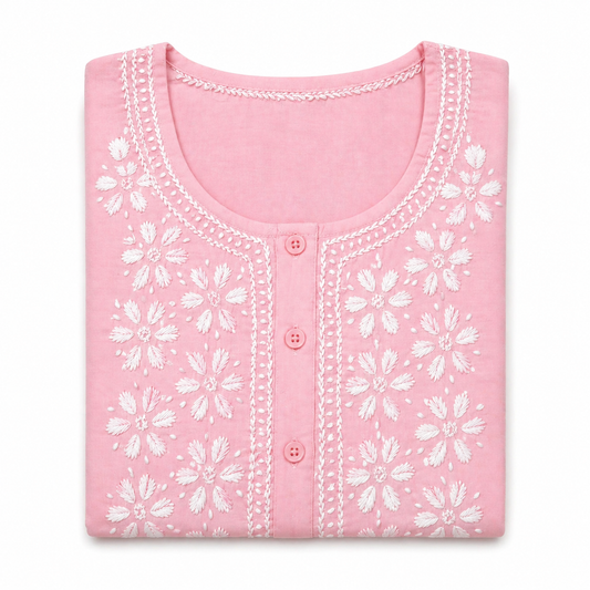 Pastel Pink Chikankari Embroidered Kurti – Cotton