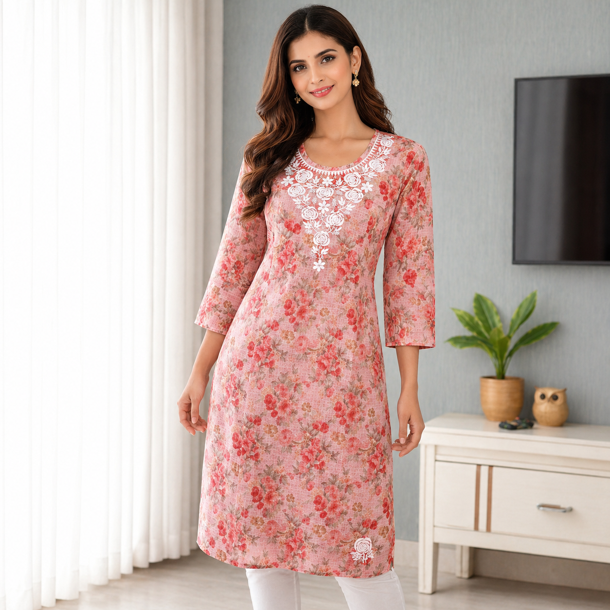 Red Printed Chikankari Kurti – Kota Fabric