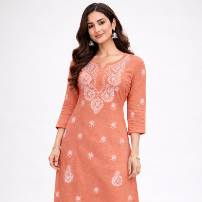 Terracotta Peach Chikankari Kurti – Rayon