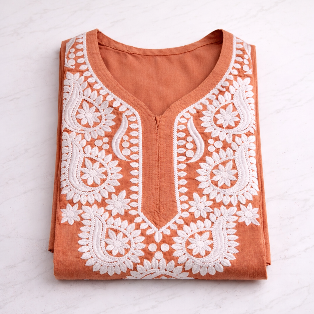 Terracotta Peach Chikankari Kurti – Rayon
