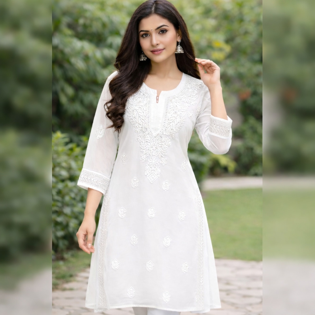 Elegant White Chikankari Kurti – Georgette