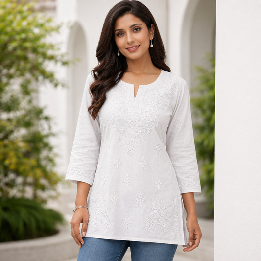 Elegant White Chikankari Short Kurti - Cotton
