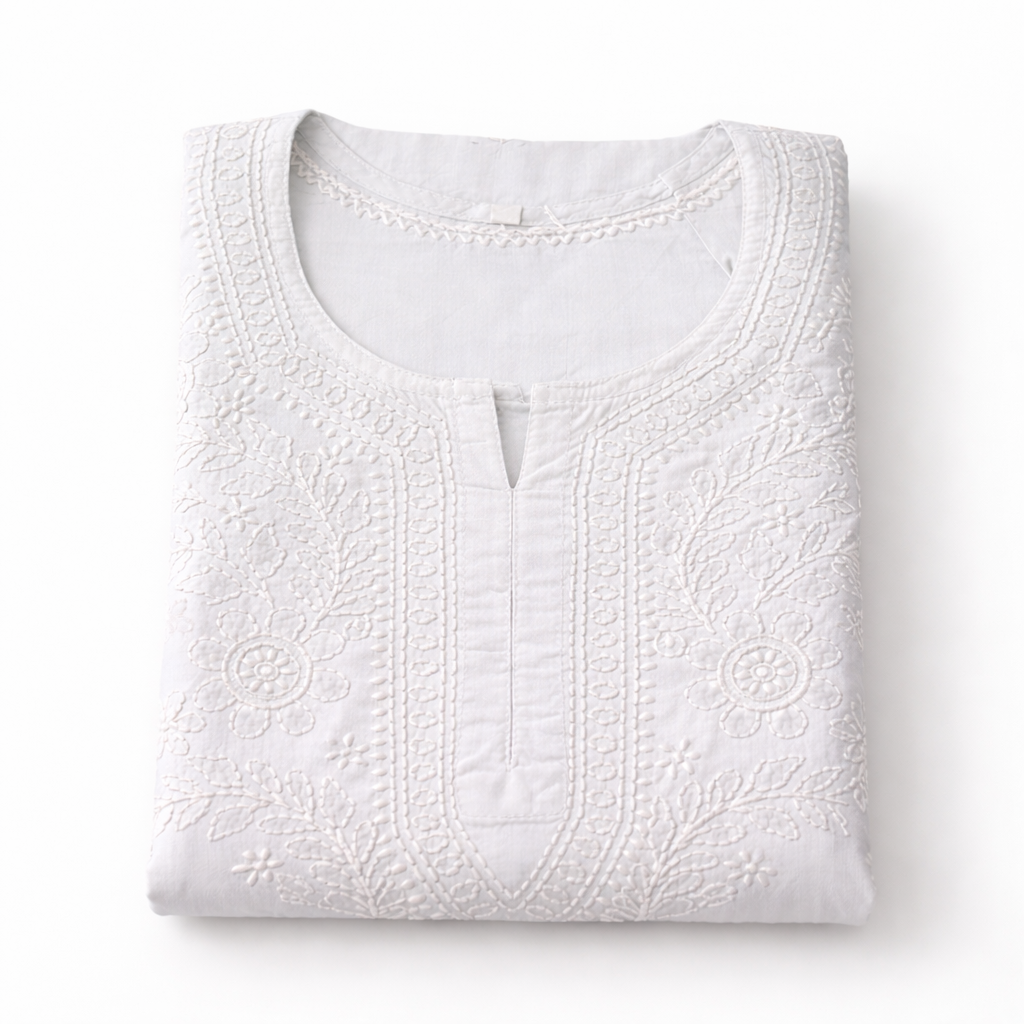 Elegant White Chikankari Short Kurti - Cotton