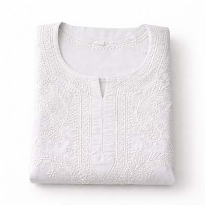 Elegant White Chikankari Short Kurti - Cotton