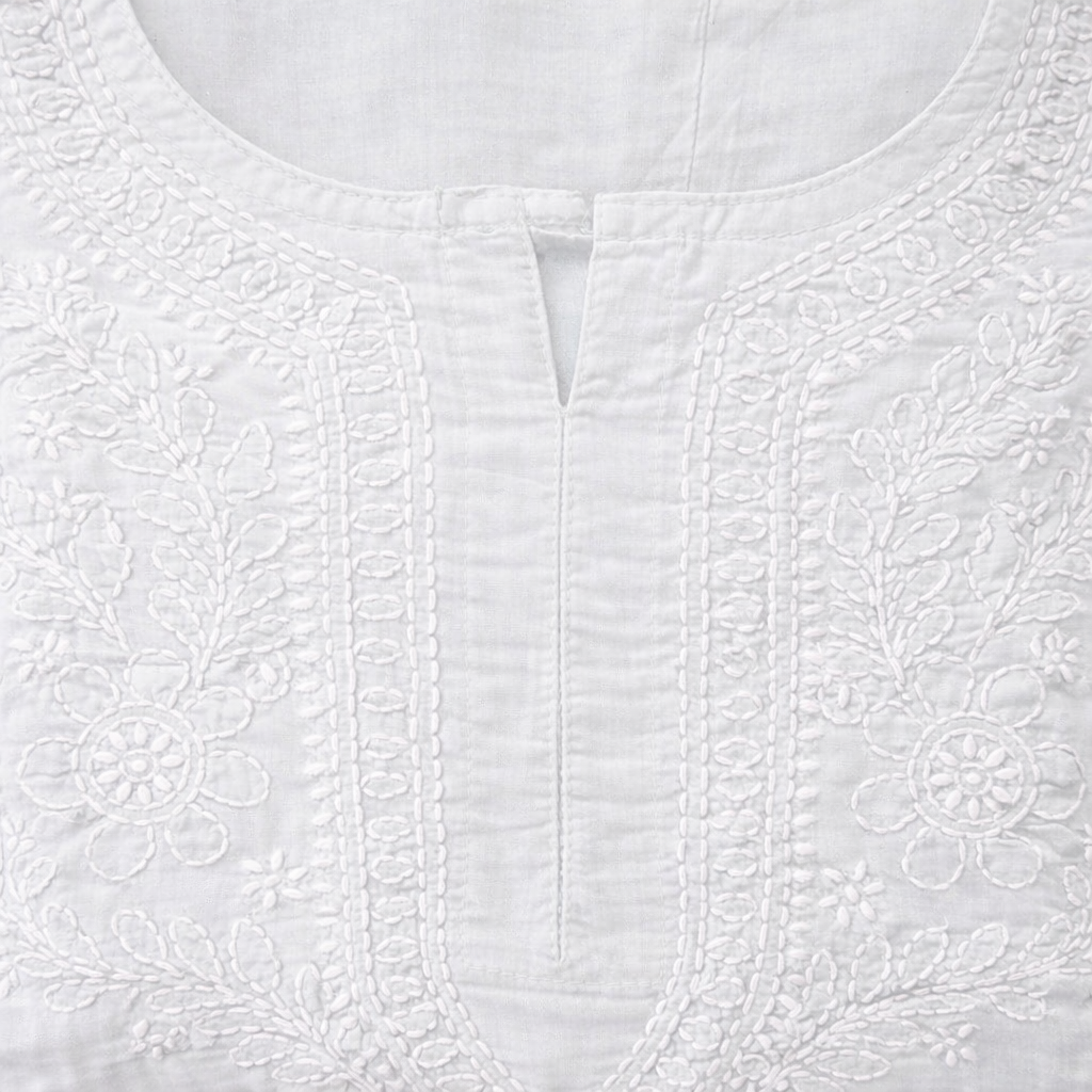 Elegant White Chikankari Short Kurti - Cotton