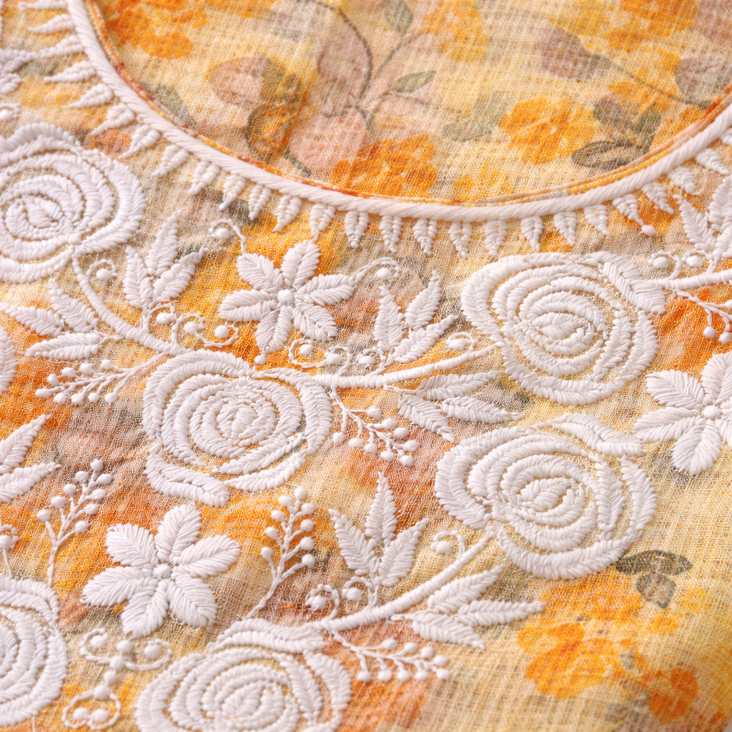 Mustard Yellow Printed Chikankari Kurti – Kota Fabric